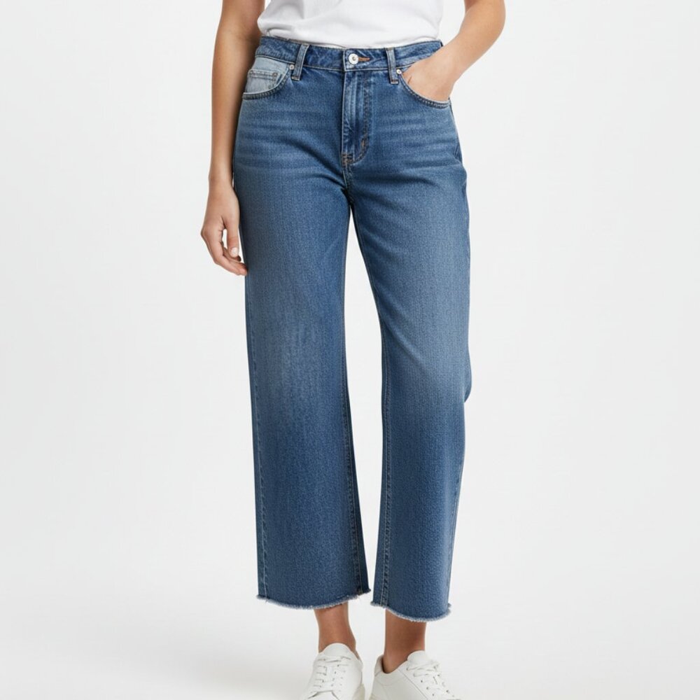 ANDERSSON BELL HIGH RISE PATCHWORK DENIM FLARED RAW HEM CROPPED JEANS - M